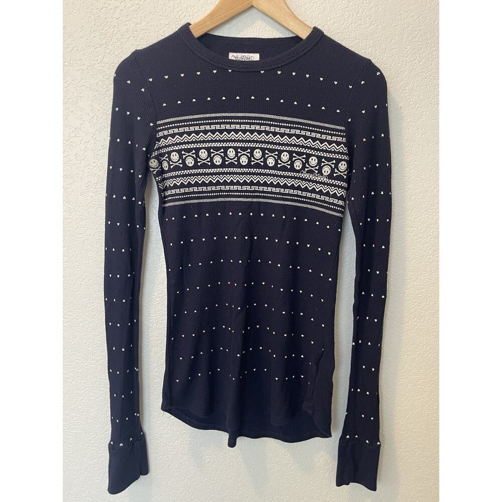 Lauren Moshi Smiley Face Cross Bones Thermal Navy Blue Small Top Shirt
